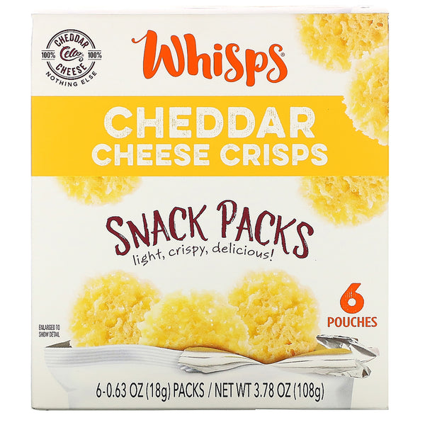 Whisps, Cheddar Cheese Crisps, Snack Packs, 6 Pouches, 0.63 oz (18 g) Each - The Supplement Shop