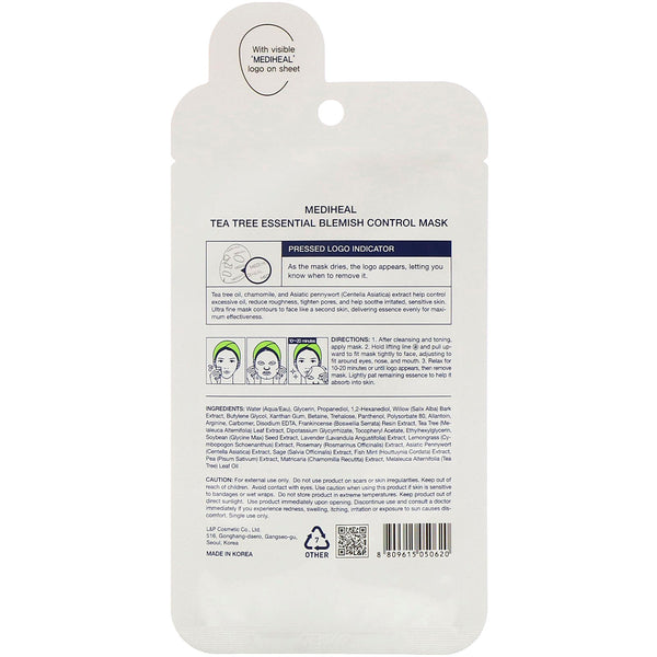 Mediheal, Tea Tree, Essential Blemish Control Mask, 1 Sheet, 0.81 fl oz (24 ml) - The Supplement Shop