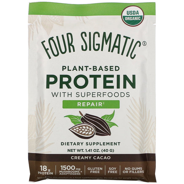 Four Sigmatic, Plant-Based Protein with Superfoods, Creamy Cacao, 10 Packets, 1.41 oz (40 g) - The Supplement Shop