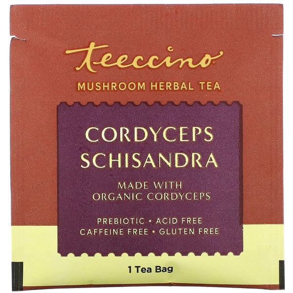 Teeccino, Mushroom Herbal Tea, Cordyceps Schisandra, Caffeine Free, 10 Tea Bags, 2.12 oz (60 g) - The Supplement Shop