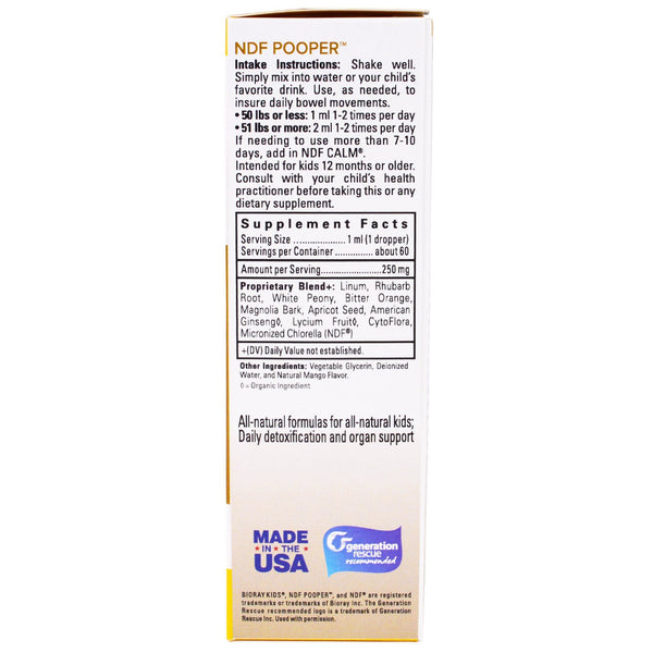 Bioray, NDF Pooper, Bowel Mover & Toxin Removal, Kids, Mango Flavor, 2 fl oz (60 ml) - The Supplement Shop