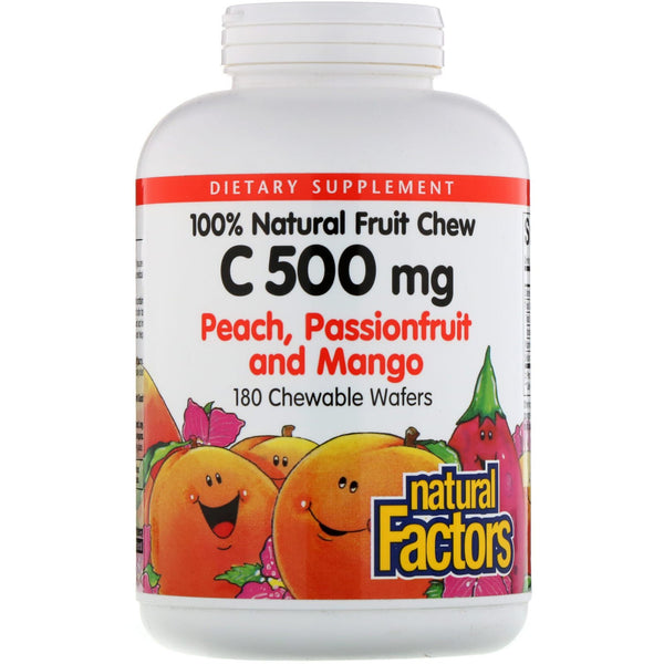 Natural Factors, 100% Natural Fruit Chew Vitamin C, Peach, Passionfruit and Mango, 500 mg, 180 Chewable Wafers - The Supplement Shop