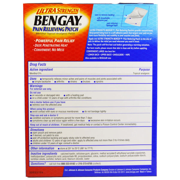 Bengay, Ultra Strength Pain Relieving Patch, Large Size, 4 Patches, 3.9 in x 7.9 in (10 cm x 20 cm) - The Supplement Shop