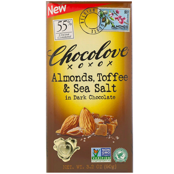 Chocolove, Almonds, Toffee & Sea Salt in Dark Chocolate, 55% Cocoa, 3.2 oz (90 g) - The Supplement Shop