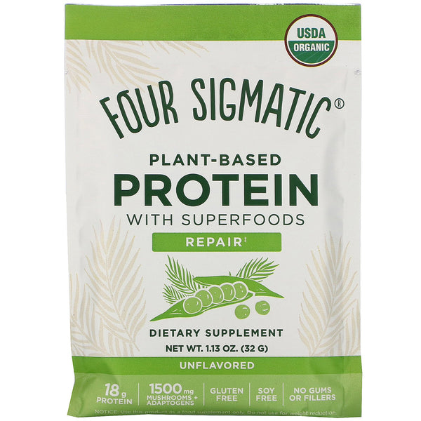 Four Sigmatic, Plant-Based Protein with Superfoods, Unflavored, 10 Packets, 1.13 oz (32 g) Each - The Supplement Shop
