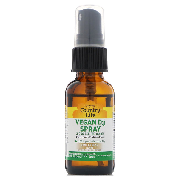 Country Life, Vitamin D3 Spray, Vanilla Bean, 50 mcg (2,000 IU), 150 Ingestible Sprays, 0.81 fl oz (24 ml) - The Supplement Shop