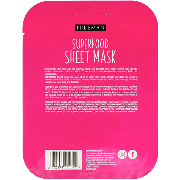 Freeman Beauty, Superfood Sheet Mask, Pore Clearing Watermelon Radish, 1 Mask - The Supplement Shop