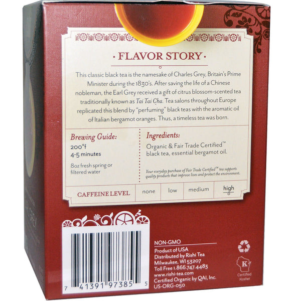 Rishi Tea, Organic Black Tea, Earl Grey, 15 Tea Bags 1.75 oz (49.5 g) - The Supplement Shop