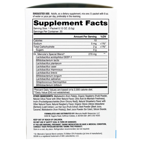 Dr. Mercola, Complete Probiotics Powder Packets, Natural Raspberry Flavor, 30 Packets, 0.12 oz (3.5 g) Each - The Supplement Shop