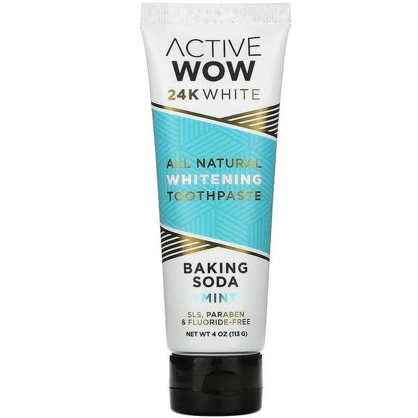 Active Wow, 24K White, All Natural Whitening Toothpaste, Baking Soda + Mint, 4 oz (113 g) - The Supplement Shop