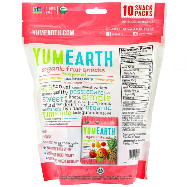 YumEarth, Organic Fruit Snacks, Tropical, 10 Packs, 0.62 oz (17.6 g) Each - The Supplement Shop