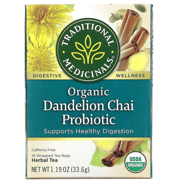 Traditional Medicinals, Organic Dandelion Chai Probiotic, Caffeine Free, 16 Wrapped Tea Bags, 1.19 oz (33.6 g) - The Supplement Shop