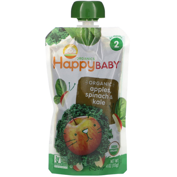 Happy Family Organics, Happy Baby, Organics, Stage 2, 6+ Months, Apples, Spinach & Kale, 4 Pouches, 4 oz (113 g) Each - The Supplement Shop