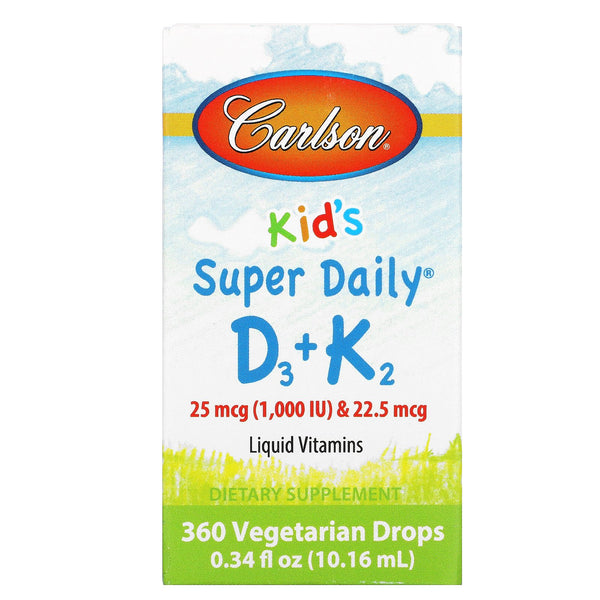 Carlson Labs, Kid's, Super Daily D3+K2, 25 mcg (1,000 IU) & 22.5 mcg, 0.34 fl oz (10.16 ml) - The Supplement Shop