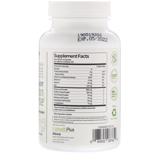 Health Plus, Super Colon Cleanse, 530 mg, 120 Capsules - The Supplement Shop