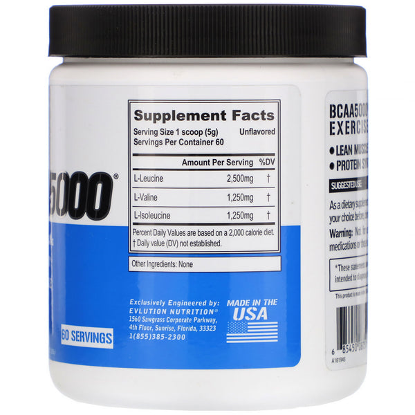 EVLution Nutrition, BCAA5000, Unflavored, 10.58 oz (300 g) - The Supplement Shop