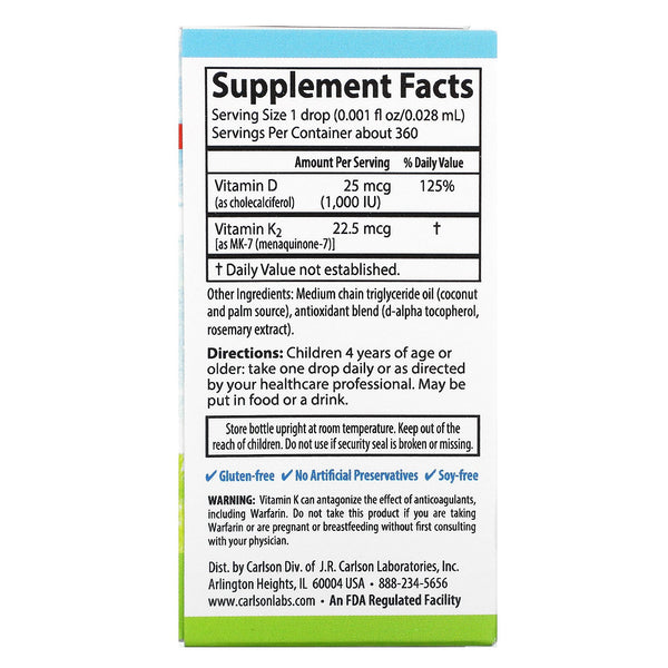 Carlson Labs, Kid's, Super Daily D3+K2, 25 mcg (1,000 IU) & 22.5 mcg, 0.34 fl oz (10.16 ml) - The Supplement Shop