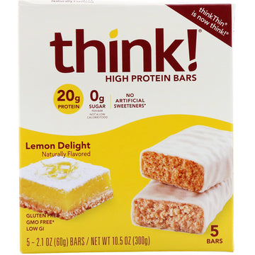 ThinkThin, High Protein Bars, Lemon Delight, 5 Bars, 2.1 oz (60 g) Each