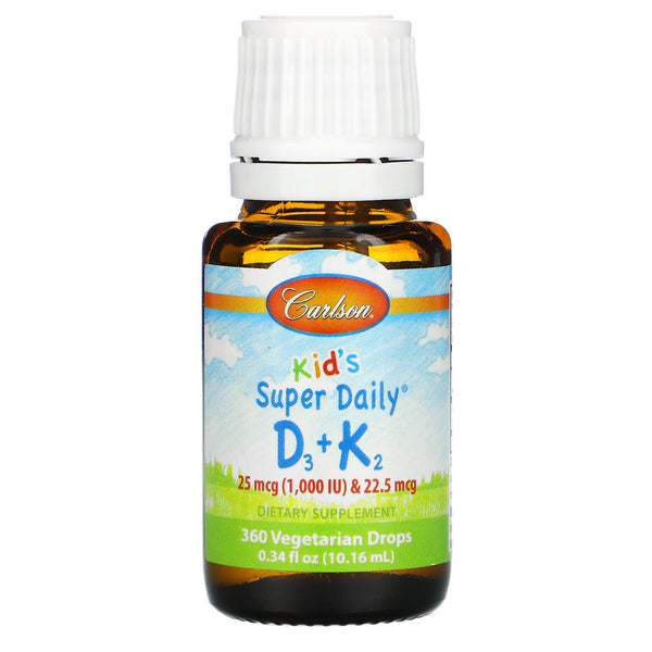 Carlson Labs, Kid's, Super Daily D3+K2, 25 mcg (1,000 IU) & 22.5 mcg, 0.34 fl oz (10.16 ml) - The Supplement Shop