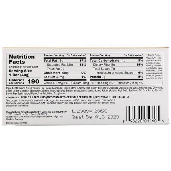 California Gold Nutrition, Foods, Peanut & Dark Chocolate Chunk Bars, 12 Bars, 1.4 oz (40 g) Each - The Supplement Shop