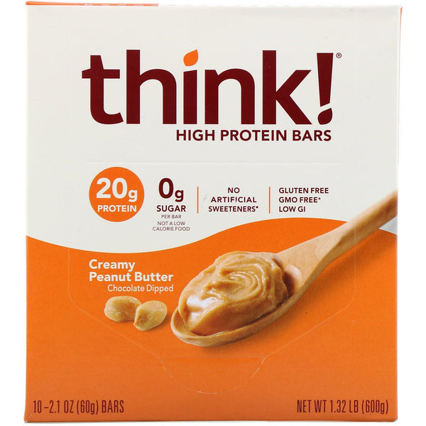 ThinkThin, High Protein Bars, Creamy Peanut Butter, 10 Bars, 2.1 oz (60 g) Each - The Supplement Shop