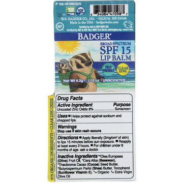 Badger Company, Lip Balm, Clear Zinc, Unscented, SPF 15, 0.15 oz (4.2 g)