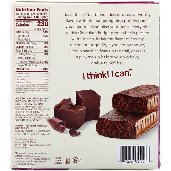 ThinkThin, High Protein Bars, Chocolate Fudge, 10 Bars, 2.1 oz (60 g) Each - The Supplement Shop