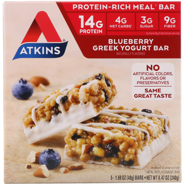 Atkins, Greek Yogurt Bar, Blueberry, 5 Bars, 1.69 oz (48 g) Each - The Supplement Shop
