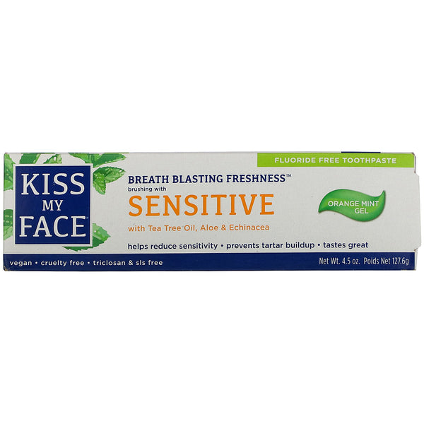 Kiss My Face, Sensitive Toothpaste with Tea Tree Oil, Aloe & Echinacea, Fluoride Free, Orange Mint Gel, 4.5 oz (127.6 g) - The Supplement Shop