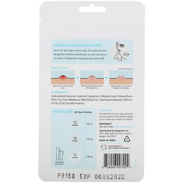 Avarelle, Acne Cover Patch, 40 Clear Patches - The Supplement Shop