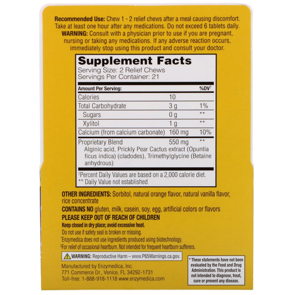 Enzymedica, Heartburn Relief, Vanilla-Orange Flavored, 42 Relief Chews - The Supplement Shop