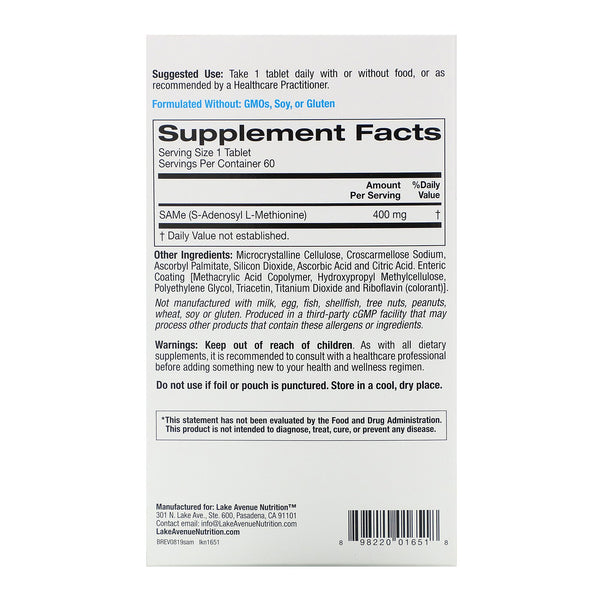 Lake Avenue Nutrition, SAMe (S-Adenosyl L-Methionine), 400 mg, 60 Tablets - The Supplement Shop