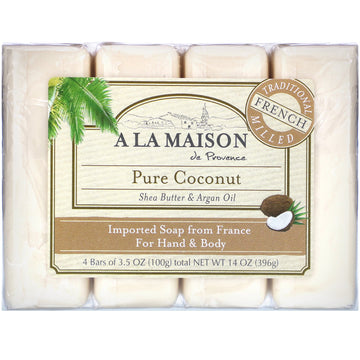 A La Maison de Provence, Hand & Body Bar Soap, Pure Coconut, 4 Bars, 3.5 oz Each