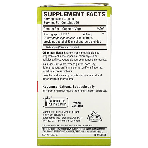Terry Naturally, Andrographis EP80, Extra Strength, 60 Capsules - The Supplement Shop