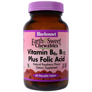 Bluebonnet Nutrition, EarthSweet Chewables, Vitamin B6, B12 Plus Folic Acid, Natural Raspberry Flavor, 60 Chewable Tablets