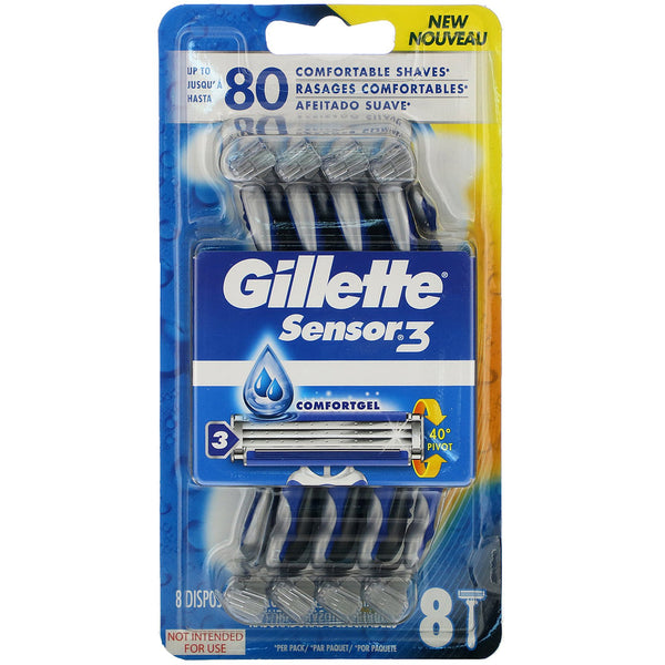 Gillette, Sensor3, Comfortgel Disposable Razors, 8 Razors - The Supplement Shop