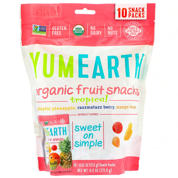 YumEarth, Organic Fruit Snacks, Tropical, 10 Packs, 0.62 oz (17.6 g) Each