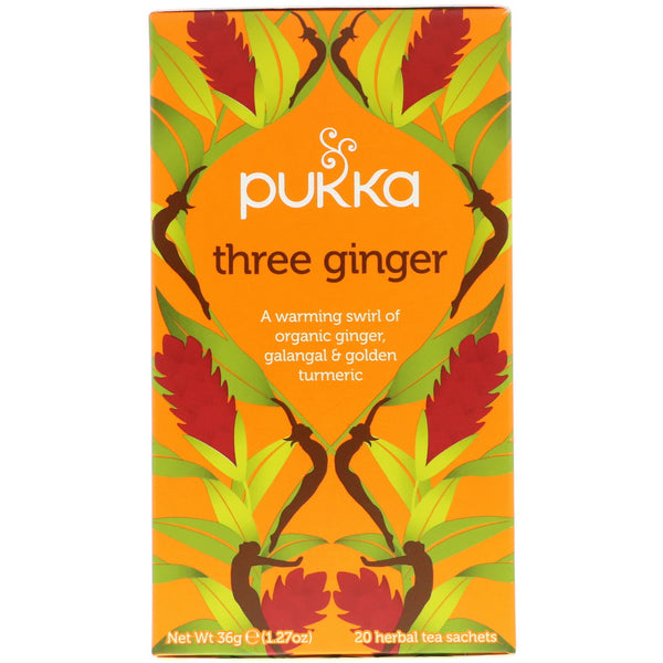 Pukka Herbs, Three Ginger Herbal Tea, Caffeine Free, 20 Tea Sachets, 1.27 oz (36 g) - The Supplement Shop