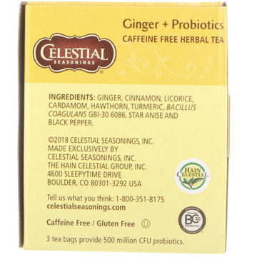 Celestial Seasonings, Herbal Tea, Ginger + Probiotics, Caffeine Free, 20 Tea Bags, 1.1 oz (31 g)