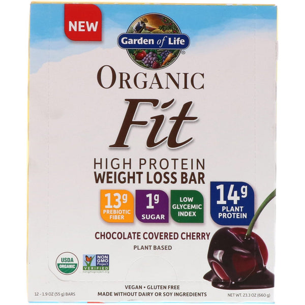 Garden of Life, Organic Fit, High Protein Weight Loss Bar, Chocolate Covered Cherry, 12 Bars, 1.9 oz (55 g) Each - The Supplement Shop