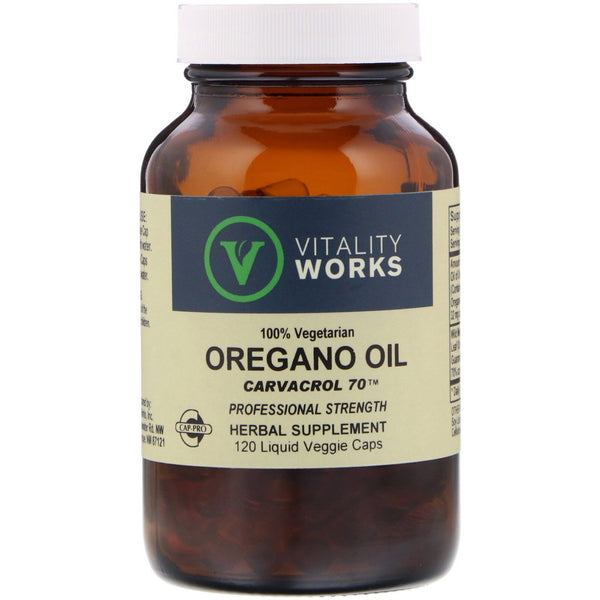 Vitality Works, Oregano Oil, Carvacrol 70, 120 Liquid Veggie Caps - The Supplement Shop