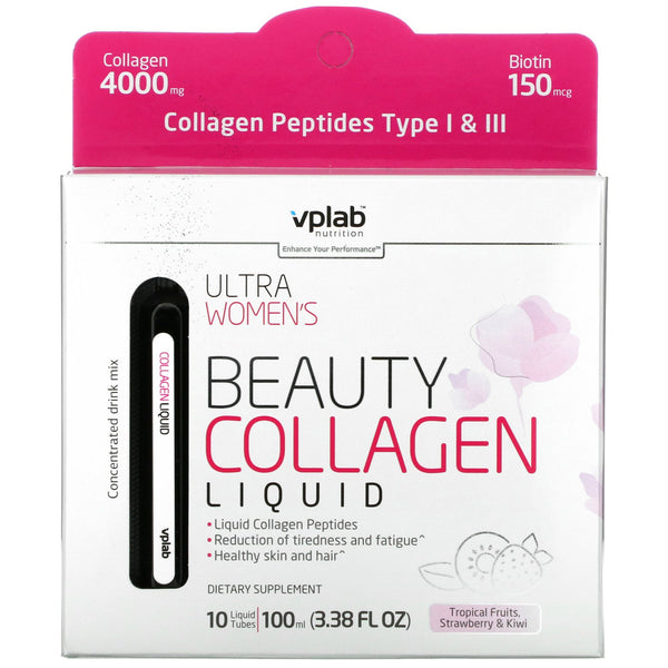 Vplab, Ultra Women's Beauty Collagen Liquid, Tropical Fruits, Strawberry & Kiwi , 4,000 mg, 10 Liquid Tubes - The Supplement Shop