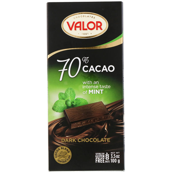 Valor, Dark Chocolate, 70% Cocoa, With Mint, 3.5 oz (100 g) - The Supplement Shop