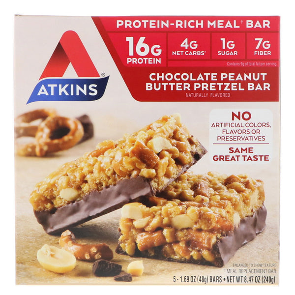 Atkins, Chocolate Peanut Butter Pretzel Bar, 5 Bars, 1.69 oz (48 g) Each - The Supplement Shop