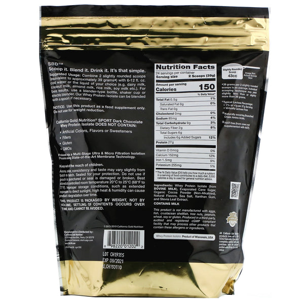 California Gold Nutrition, Dark Chocolate Whey Protein Isolate, 2 lbs (908 g) - The Supplement Shop