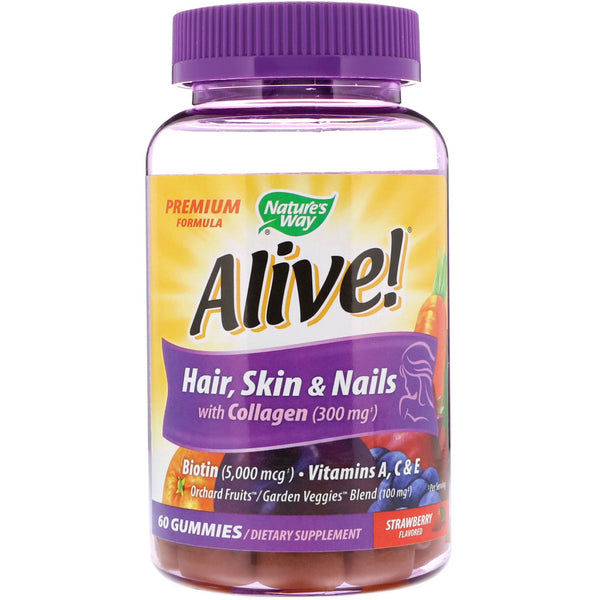 Nature's Way, Alive! Hair, Skin & Nails with Collagen, Strawberry Flavored, 60 Gummies