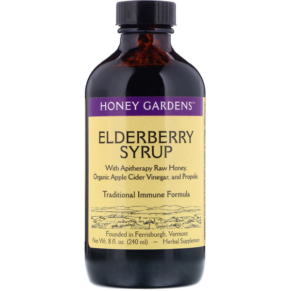 Honey Gardens, Elderberry Syrup with Apitherapy Raw Honey, Organic Apple Cider Vinegar and Propolis, 8 fl oz (240 ml) - The Supplement Shop
