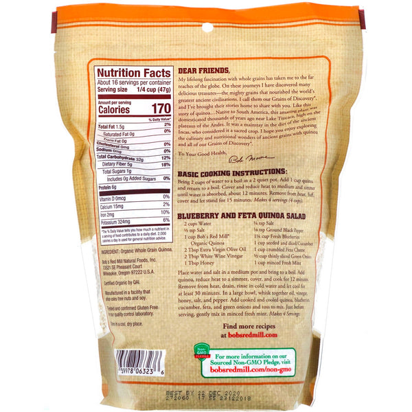 Bob's Red Mill, Organic Whole Grain Quinoa, Gluten Free, 26 oz (737 g) - The Supplement Shop