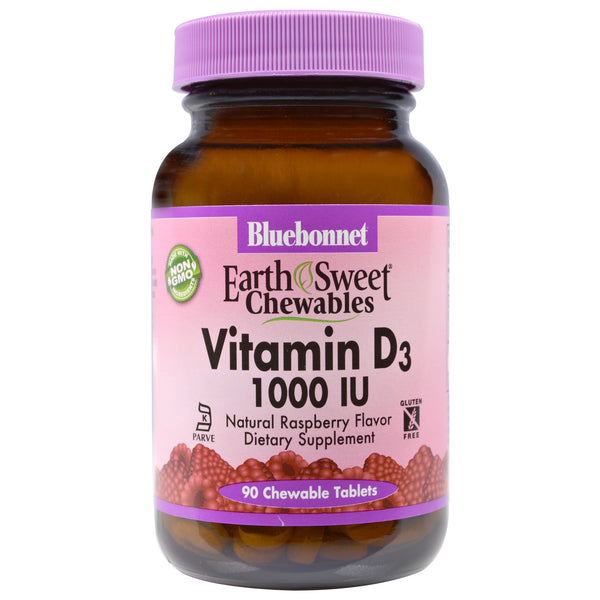 Bluebonnet Nutrition, Earth Sweet Chewables, Vitamin D3, Natural Raspberry Flavor, 1,000 IU, 90 Chewable Tablets - The Supplement Shop