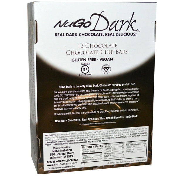 NuGo Nutrition, NuGo Dark, Protein Bars, Chocolate Chocolate Chip, 12 Bars, 1.76 oz (50 g) Each - The Supplement Shop